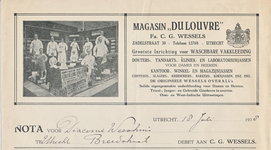 710281 Kop van een nota van Magasin “DU LOUVRE’, Fa. C.G. Wessels, Vakkleeding, Zadelstraat 30 te Utrecht. Met een ...